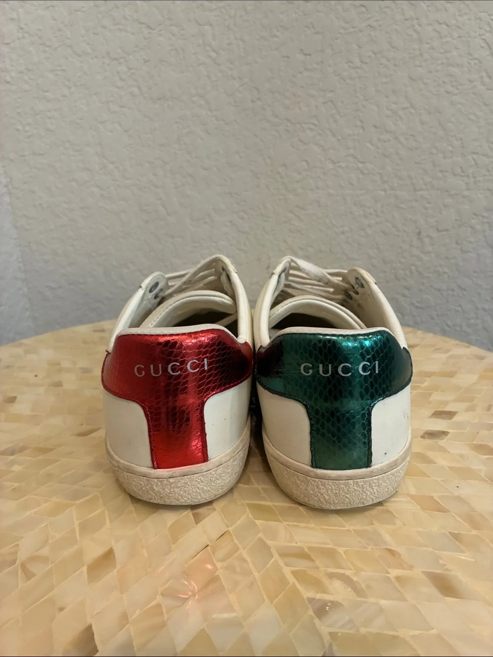 Gucci White Leather Sneakers with Red & Green Stripe and Bee Patch